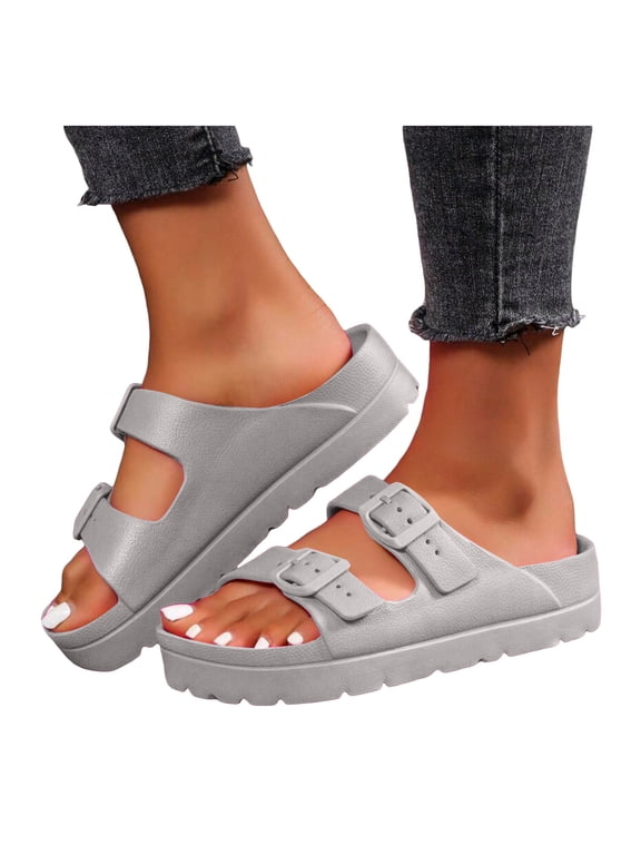Women's Platform Sandals Comfortable Arch Support Walking Lightweight Chunky Adjustable Buckle Slip on Slides for Beach Daily Wear a-Gray Size 9
