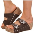 thumbnail image 1 of Women's Platform Sandals Cork Footbed Wedges Heels Slip on Slides Fashion Butterfly Buckle Strap Comfy Arch Suppport Summer Beach Vacation Dress Shoes Coffee Size 6.5, 1 of 6