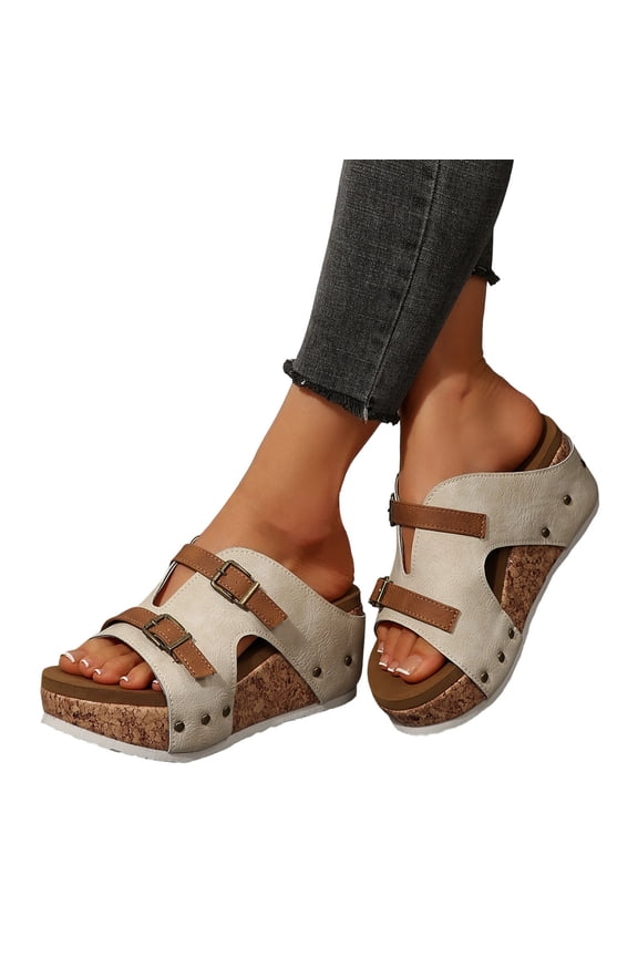 Women's Platform Sandals Cork Wedge Slip On Platform Slides Sandals Fashion Studded Open Toe Casual Dressy Shoes White Size 9