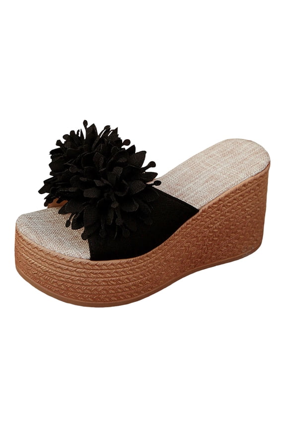 Women's Platform Sandals Fashion Lace Floral Beach Slippers Soft Sole Low Wedge Open Toe Slide Dress Shoes Black Size 7