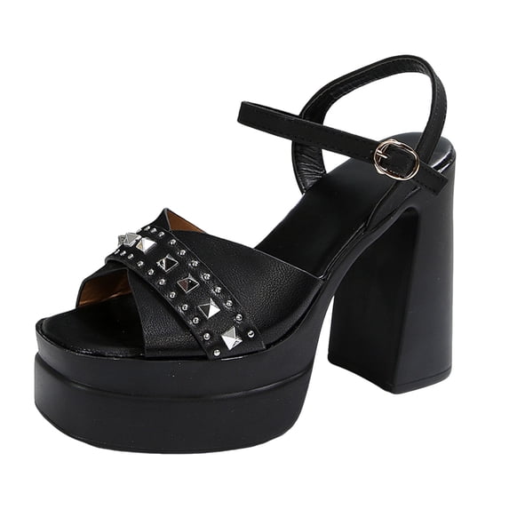 Women's Platform Sandals Fashion Studded Chunky Block Heels Ankle Strap High Heels Open Toe Casual Dressy Party Shoes Black Size 7.5