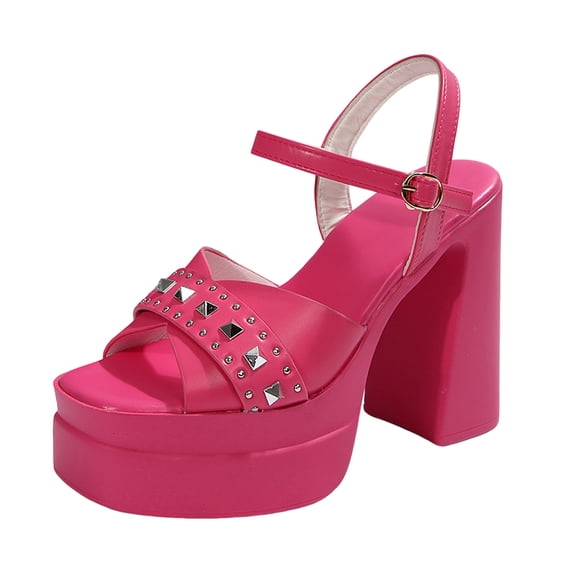 Women's Platform Sandals Fashion Studded Chunky Block Heels Ankle Strap High Heels Open Toe Casual Dressy Party Shoes Pink Size 6