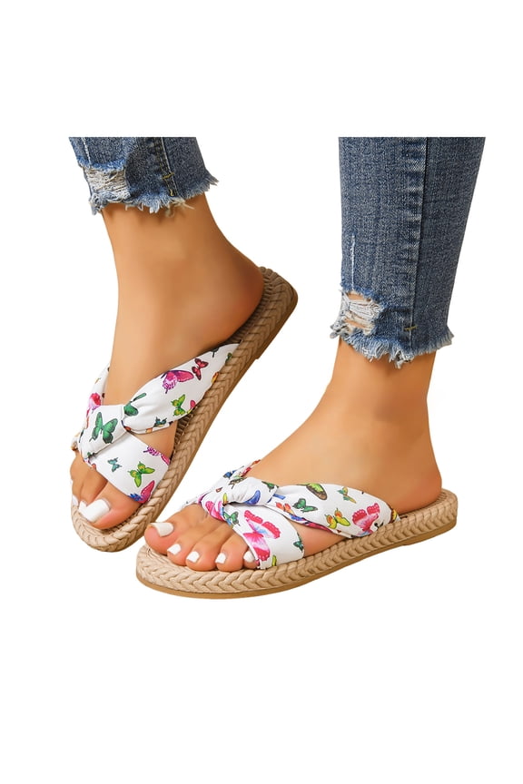 Women's Platform Sandals Floral Pattern Slippers Grass Weave Non Slip Durable Lightweight Beach Sandal Black Size 6