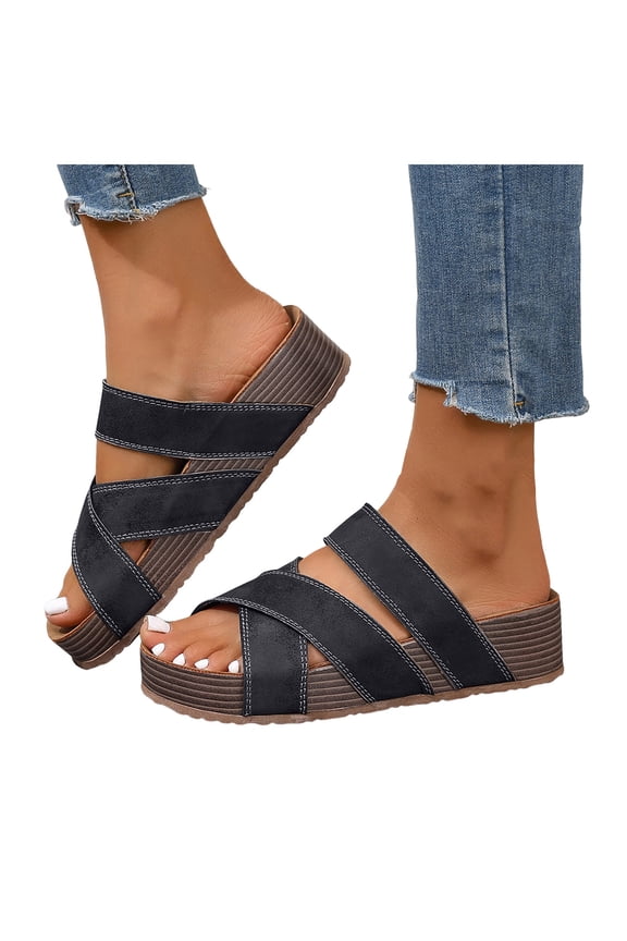 Women's Platform Sandals Lightweight Non Slip Slide Shoes Fashion Crooss Strap Open Toe Wedge Beach Sandal Black Size 8.5