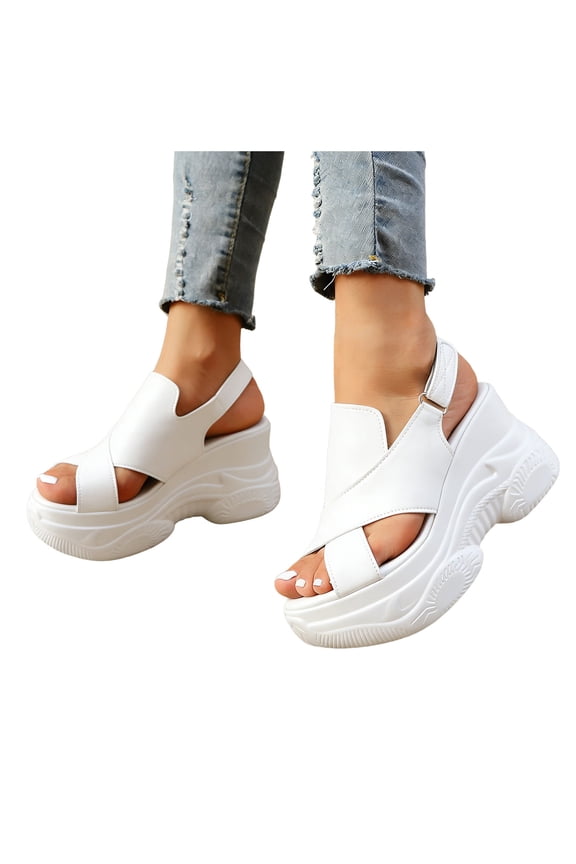 Women's Platform Sandals Open Toe Faux Leather Wedge Sandal Comfortable Non Slip Walking Shoes with Back Strap White Size 7
