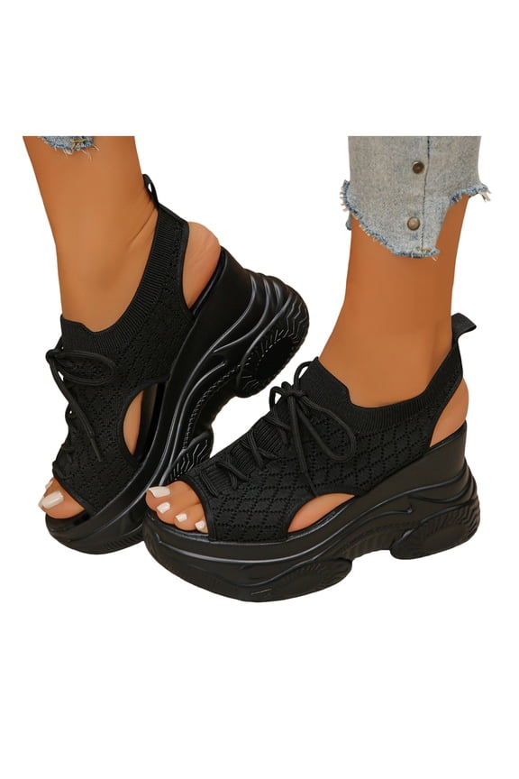Women's Platform Sandals Open Toe Summer Breathable Knit Mesh Wedge Sneakers Comfy Arch Support Walking Shoes Black Size 8.5