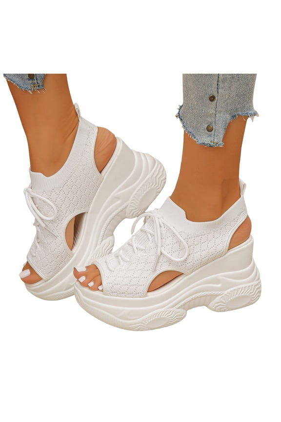 Women's Platform Sandals Open Toe Summer Breathable Knit Mesh Wedge Sneakers Comfy Arch Support Walking Shoes White Size 9