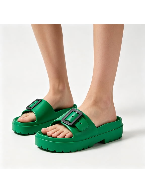 Women's Platform Sandals Thick Sole EVA Slides with Buckle, Lightweight Arch Support Beach Shoes, Waterproof Summer Casual Footwear for Vacation Outdoor Daily Wear (Army Green, 36)