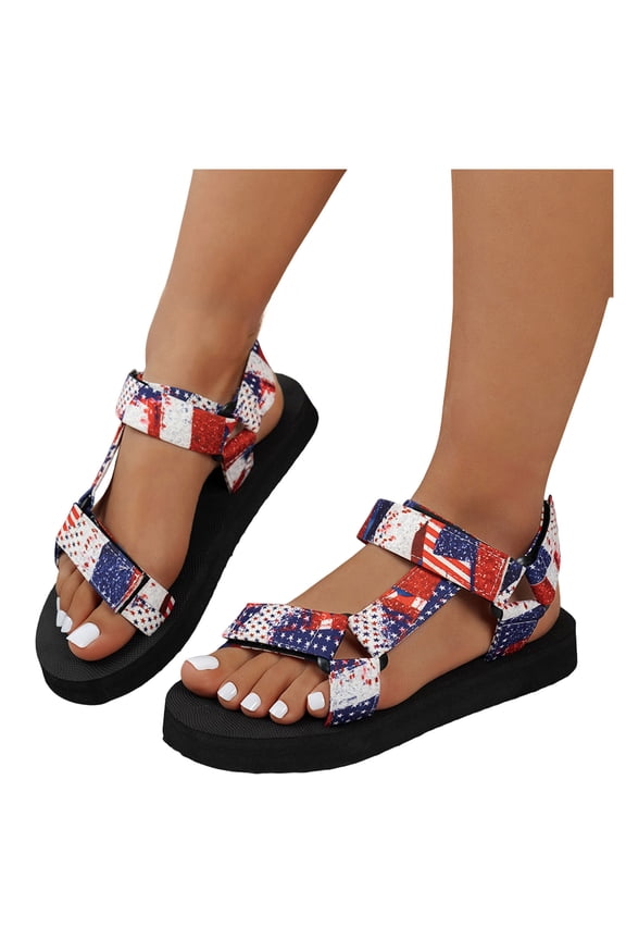 Women's Platform Sandals USA Flag Print Sport Walking Water Shoes with Hook and Loop for Independence Day Multicolor Size 9
