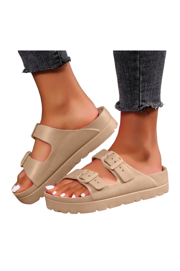 Women's Platform Sandals with Arch Support Adjustable Double Buckle Slide Slippers Non Slip Beach Pool Water Shoes Brown Size 8.5