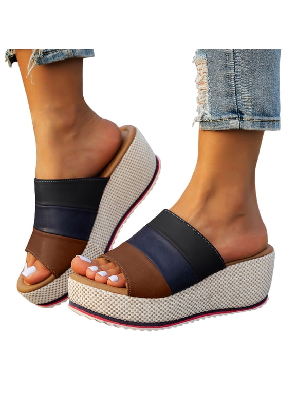 Women's Platform Slide Sandals Stylish Color Blocking Woven Wedge Sandal Open Toe Backless Dress Slippers Black Size 9