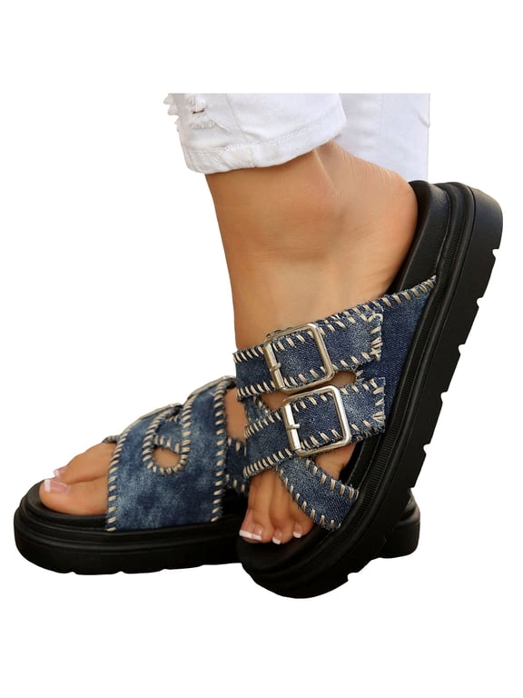 Women's Platform Slides Denim Cloth Heckered Pattern Vintage Slippers Open Toe Slip on Comfortable Non Slip Slides Boho Shoes Blue Size 9