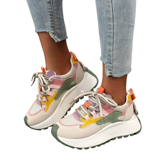 Women's Platform Slip On Sneakers Color Blocking Wide Toe Box Non Slip Running Shoes Breathable Casual Shoes Green Size 5.5