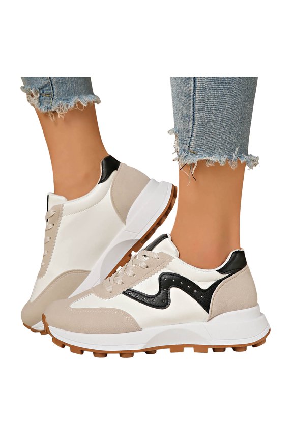 Women's Platform Slip On Sneakers Lace Up Retro Classic Trainers Casual Wide Width Tennis Running Walking Shoes Beige Size 7