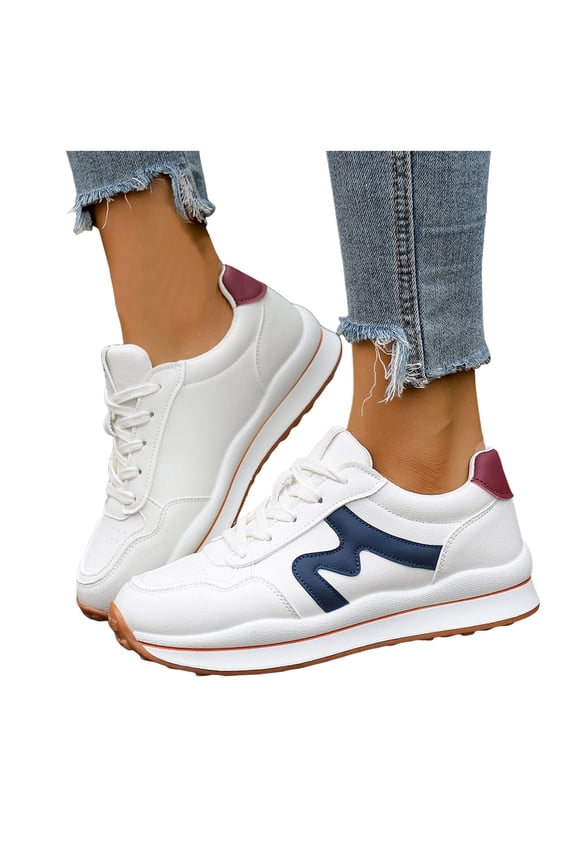 Women's Platform Slip On Sneakers Vintage Classic Trainers Casual Lace Up Stylish Tennis Running Walking Shoes Blue Size 7