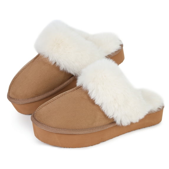 Women's Platform Slippers, Thick Sole Cute Cozy Fluffy Plush Lining, Indoor Outdoor Non-Slip House Shoes/Chestnut