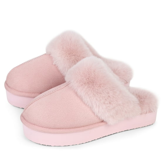 Women's Platform Slippers, Thick Sole Cute Cozy Fluffy Plush Lining, Indoor Outdoor Non-Slip House Shoes/Pink