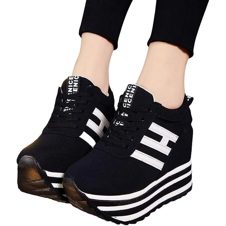 Women's Platform Sneakers Fashion Casual Stripe Lace Up Wedge Chunky Bottom  High Heels Anti Slip Breathable Walking Canvas High Top Shoes Slip On