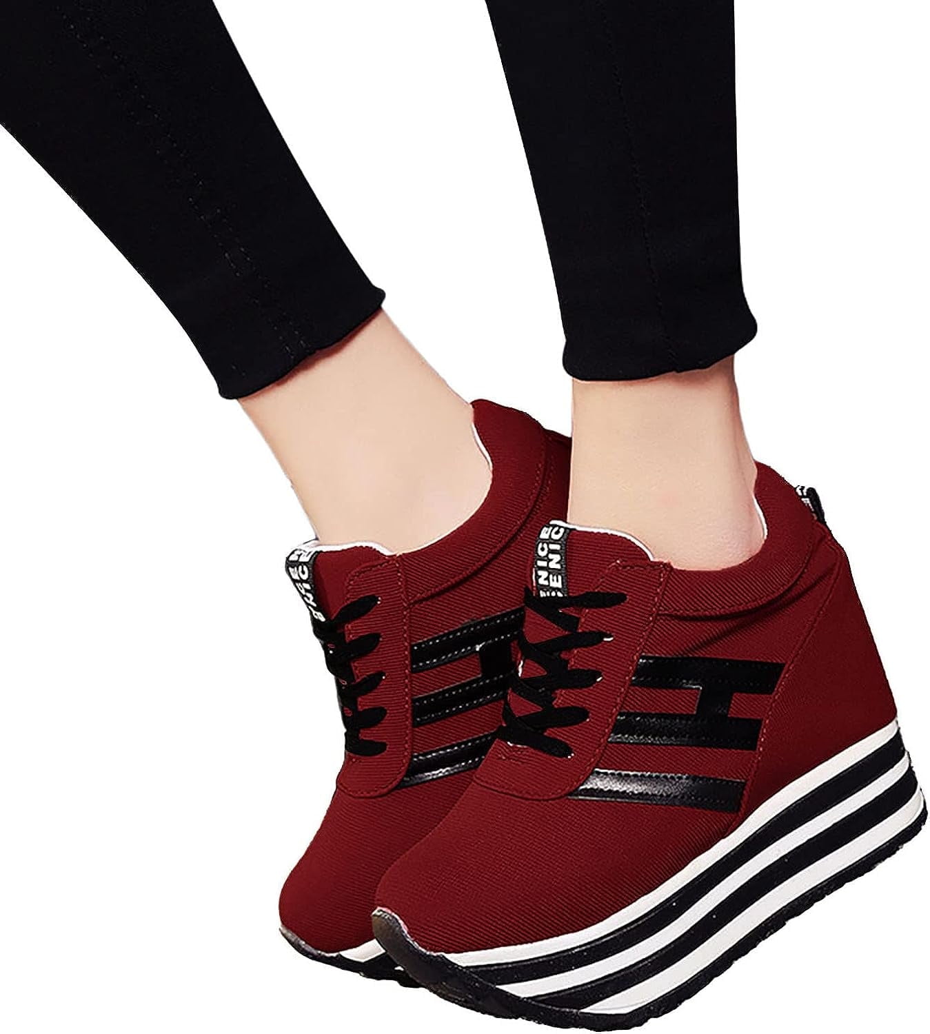 Women's Platform Sneakers Fashion Casual Stripe Lace Up Wedge