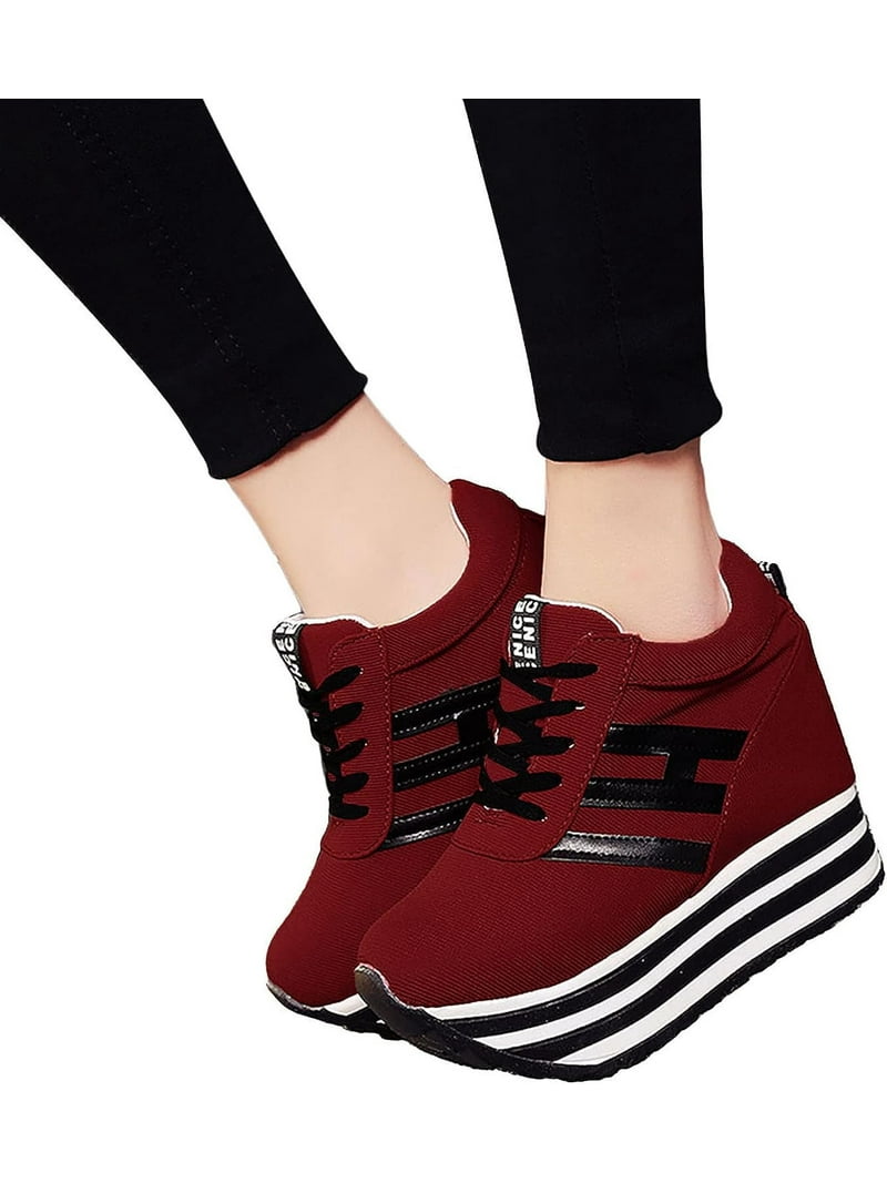 Women's Platform Sneakers Fashion Casual Stripe Lace Up Wedge