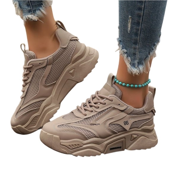 Women's Platform Sneakers Low Top Lace-Up Breathable Thick-Sole Casual Sneakers Women's Fashion Mesh Sneakers, 36