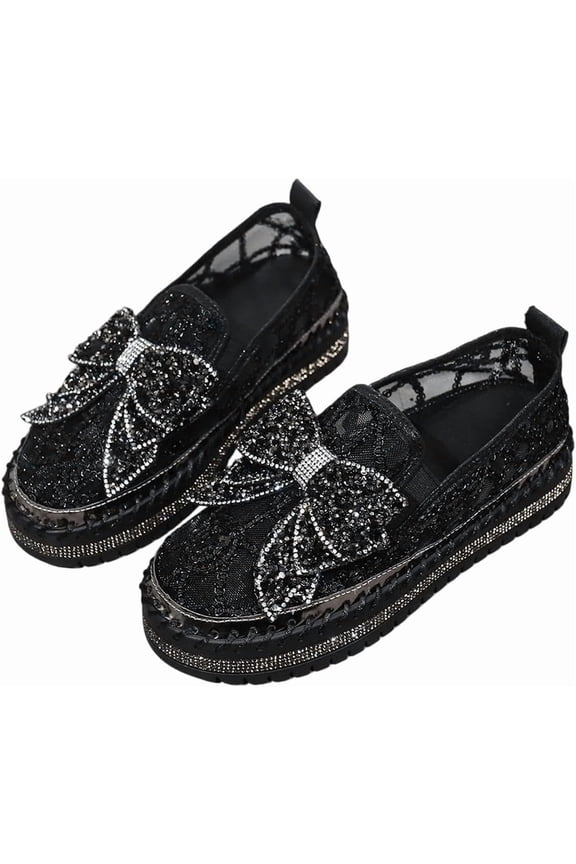 Women's Platform Sneakers with Crystal Accents - Shimmer Detail & Decorative Bow, Lightweight Comfort for Casual Wear