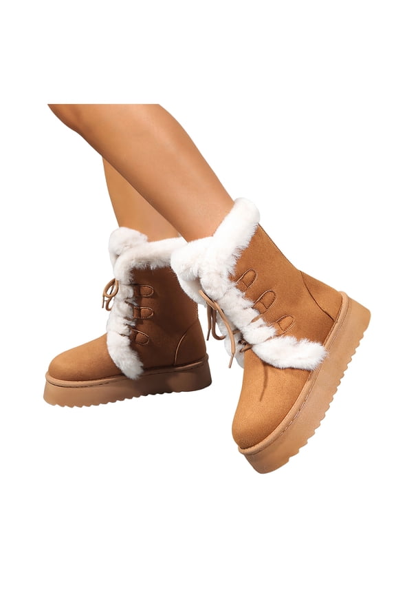 Women's Platform Snow Boots Fashion Fuzzy Furry Lined Suede Winter Chunky Mid Calf Combat Short Booties