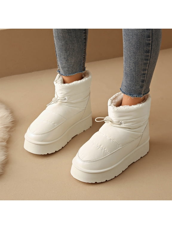 Women's Platform Snow Boots, Quilted Puffer Winter Boots with Toggle Cord, Faux Fur Lined Warm Short Boots Fall