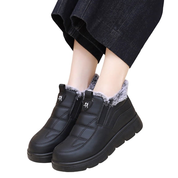 Women's Platform Snow Boots Waterproof Leather Slip on Casual Winter Ankle Booties Comfy Warm Plush Lined Loafers Black Size 6.5