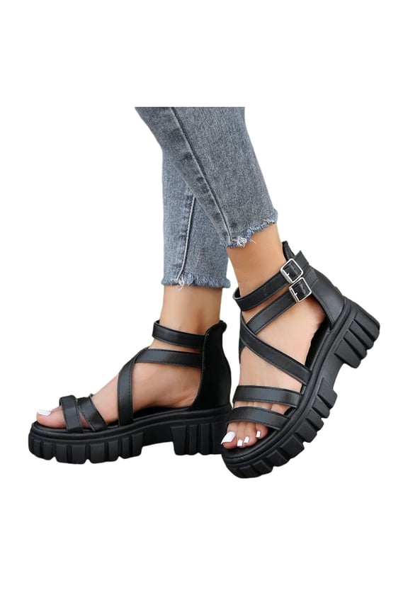Women's Platform Strappy Sandals Lightweight Open Toe Cutout Summer Gothic Gladiator Sandals with Double Buckle Strap Black Size 7