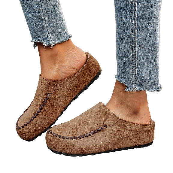 Women's Platform Suede Slip On Casual Shoes Close Toe Lightweight Clogs Wide Width Non Slip Slide Walking Shoes Brown Size 9.5