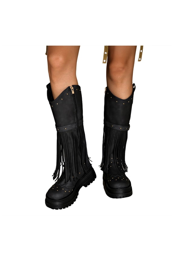 Women's Platform Tassel Combat Boots Slip On Gothic Knee High Booties Motorcycle Booties Side Zipper