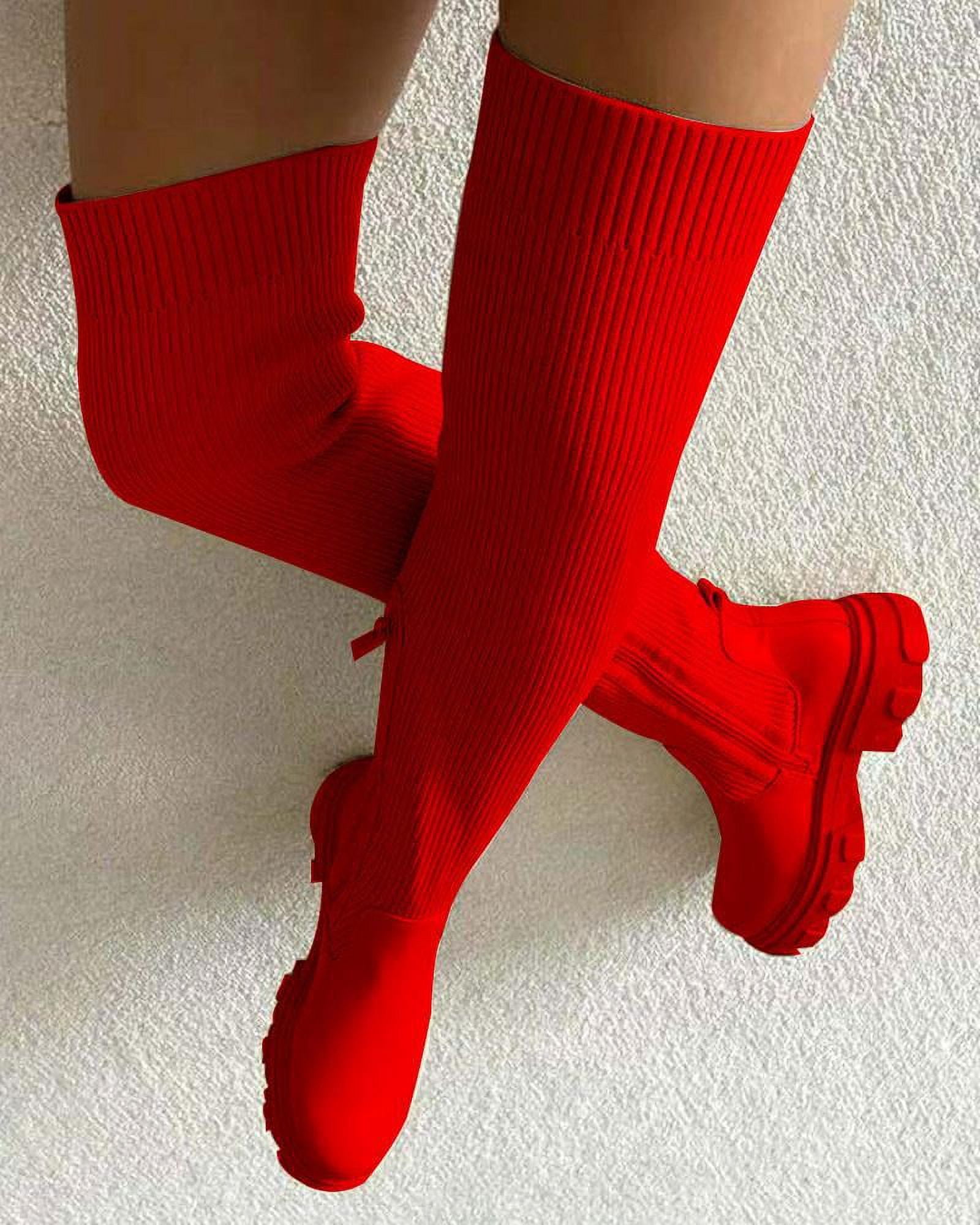 Women s Platform Thigh High Boots Over The Knee Stretch High Boots Knitted Leather Round Toe Chunky Bottom Slip On Over The Knee Boots Casual Non Slip Winter Fall Long Tall Boots Walmart