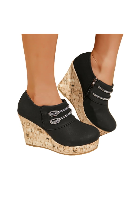Women's Platform Wedge Casual Shoes Slip On Lightweight Mary Jane Shoes Comfortable Low Top Ankle Boots Black Size 6.5
