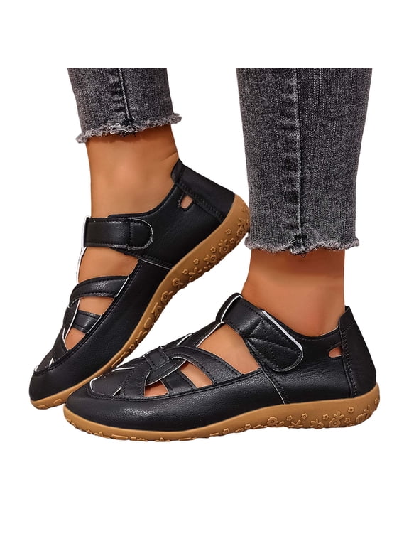 Women's Platform Wedge Closed Toe Leather Sandals Comfortable Orthopedic Soft Sole Ankle Strap Boho Casual Dress Shoes with Hook and Loop Black Size 6.5