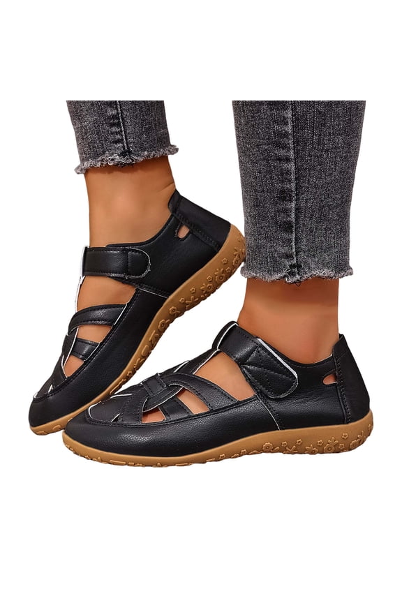 Women's Platform Wedge Closed Toe Leather Sandals Comfortable Orthopedic Soft Sole Ankle Strap Boho Casual Dress Shoes with Hook and Loop Black Size 9.5