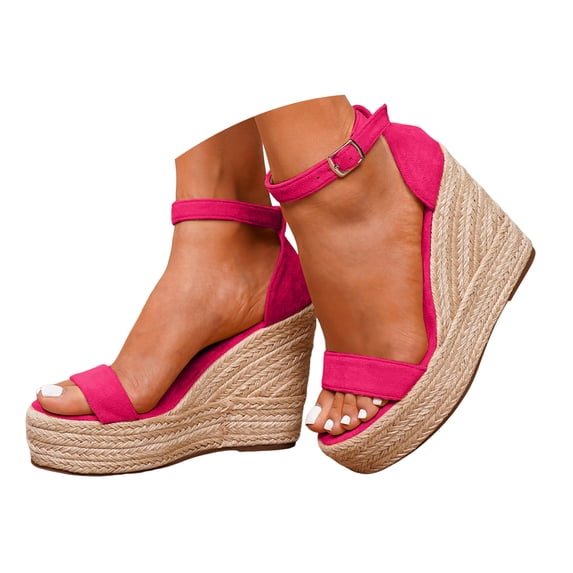 Women's Platform Wedge Heels Open Toe Thick Soled Slip on Sandals Suede Elegant Summer Comfortable Non Slip Ankle Strap Heeled Dress Shoes Hot Pink Size 6.5