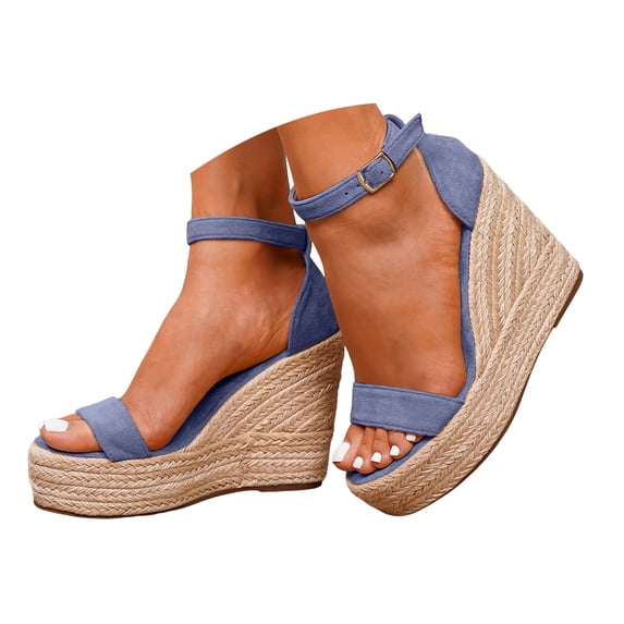 Women's Platform Wedge Heels Open Toe Thick Soled Slip on Sandals Suede Elegant Summer Comfortable Non Slip Ankle Strap Heeled Dress Shoes Light Blue Size 6
