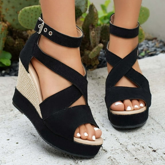 Women's Platform Wedge High Heels Platform Adjustable Ankle Strap Sandals Open Toe Slingback Basic Office Sandal Heel Shoes Black Women Sandal