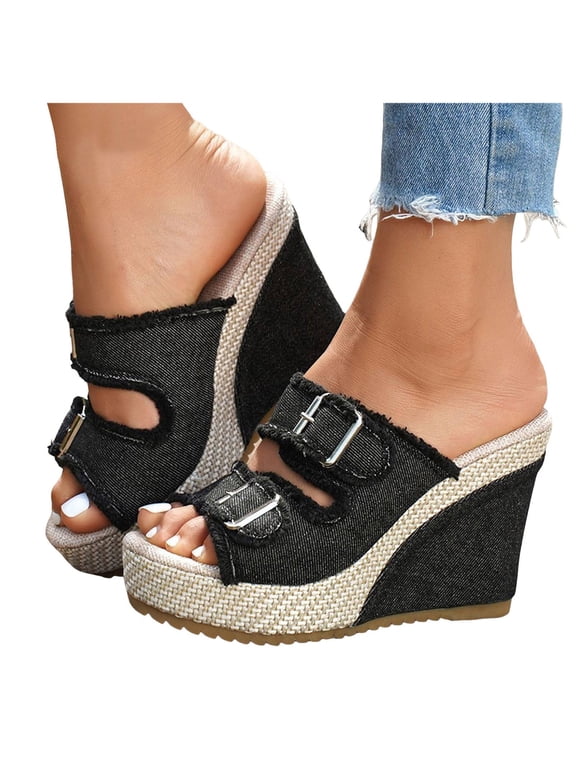 Women's Platform Wedge Sandals Adjustable Buckle Strap Casual Denim Open Toe Beach Sandal Lightweight Summer Dress Shoes Black Size 7.5