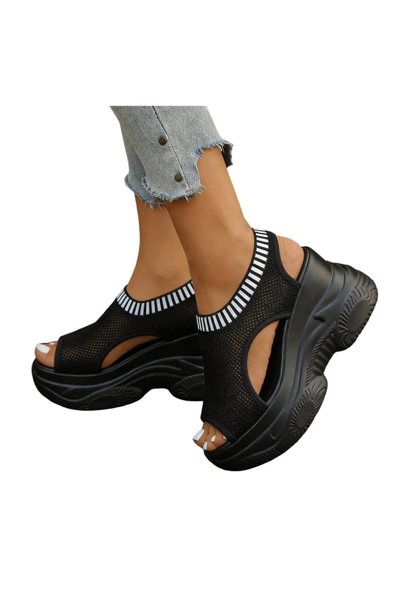 Women's Platform Wedge Sandals Breathable Slip On Knitted Thick Sole Walking Shoes Open Toe Beach Sandal Black Size 7