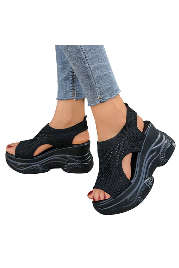 Women's Platform Wedge Sandals Breathable Slip On Memory Foam Walking Shoes Open Toe Lightweight Mesh Sandal Black Size 6