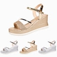 thumbnail image 1 of Women's Platform Wedge Sandals Comfortable Open Toe Ankle Strap Buckle Heels Glitter Summer Dressy Shoes Gold Size 8.5, 1 of 6