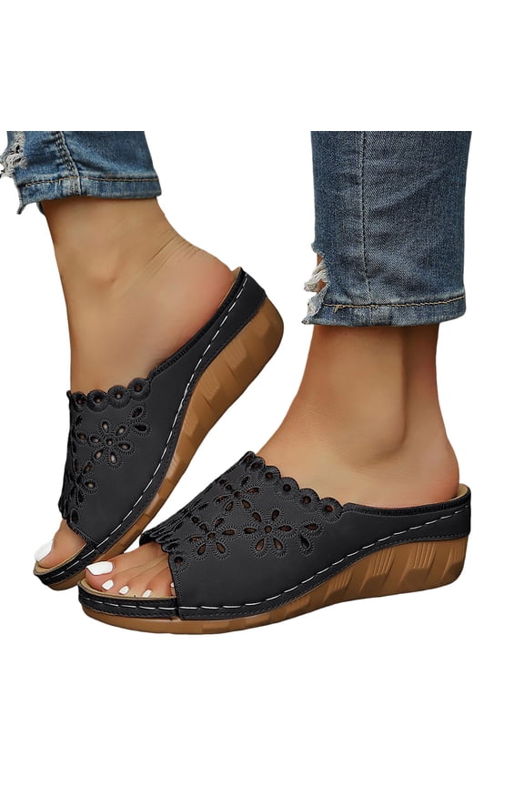 Women's Platform Wedge Sandals Comfortable Open Toe Summer Walking Sandal Breathable Non Slip Dress Shoes Black Size 6