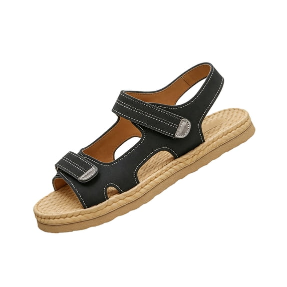 Women's Platform Wedge Sandals Comfortable Orthopedic Arch Support Slip-On Hollow Flat Shoes with Hook and Loop Fasteners for Casual Walking and Daily Wear,Black 36(US-6)