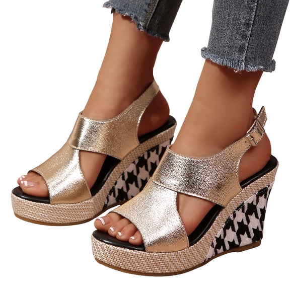HEWUQI Wedge Sandals for Women Dressy Open Toe Ankle Strap Buckle Platform Pumps Comfortable Summer Houndstooth Dressy Shoes Gold Size 7