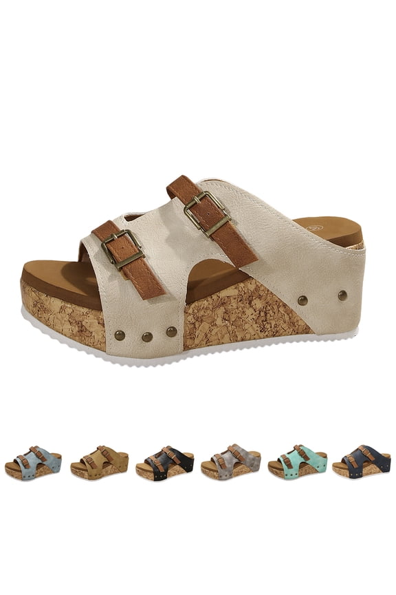 Women's Platform Wedge Sandals Comfortable Peep Toe Heels Cork Casual Dressy Slippers Summer Breathable Shoes for All Day Wear Light Blue Size 7