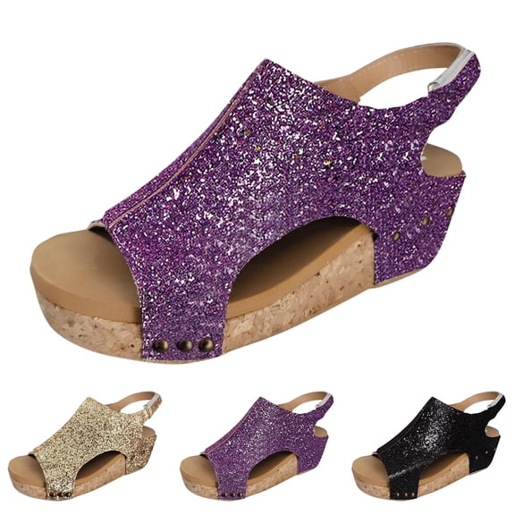 Women's Platform Wedge Sandals Comfortable Peep Toe Slides Cork Casual Dressy Slip on Summer Lightweight Shoes for All Day Wear Black Size 7