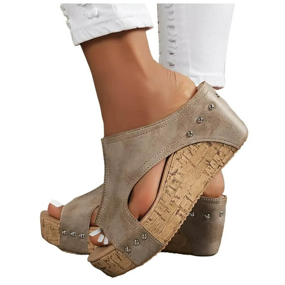 Women's Platform Wedge Sandals Cork Wedges Heels Slip On Platform Slides Sandals Comfortable Open Toe Casual Dressy Summer Beach Shoes Gray Size 8