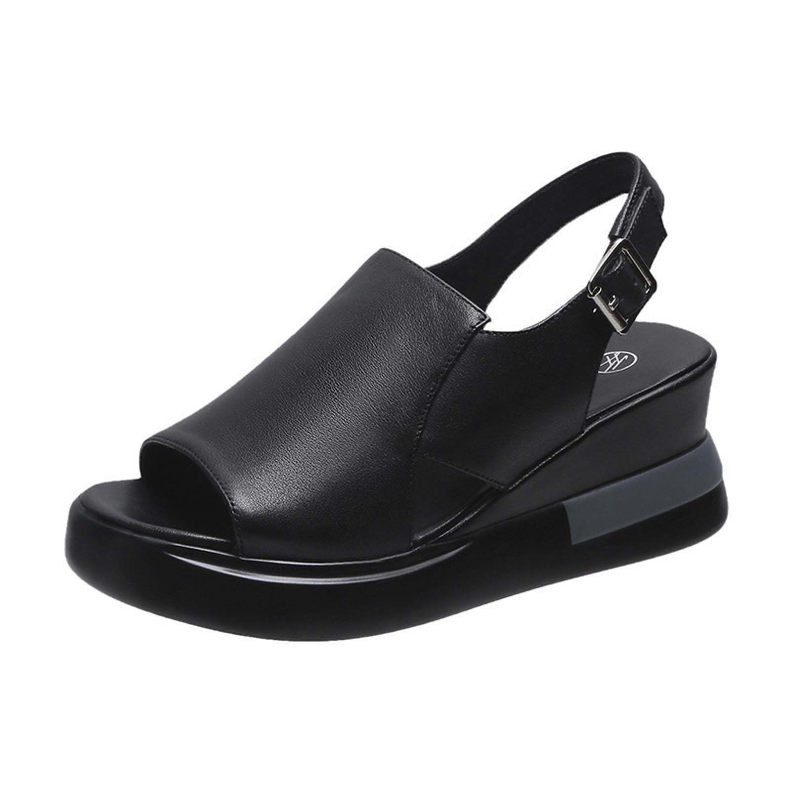 Wedge-heeled leather sandals - Black - Ladies | H&M IN